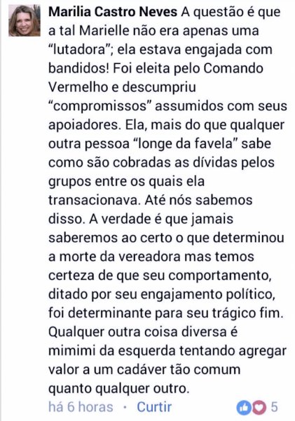 Imagem E: Print de comentário no Facebook da desembargadora Marília Castro Neves, em que ela acusa Marilelle Franco de ser ‘engajada com bandidos’.
